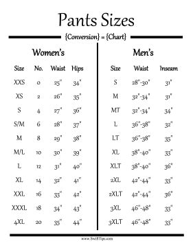 Womens Pants Size Chart Conversion