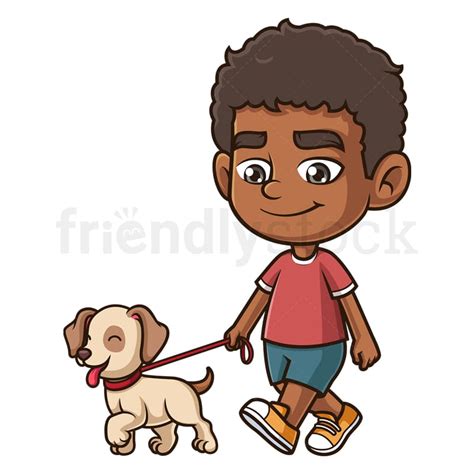 Cartoon Black Boy Walking Dog Vector Graphic - FriendlyStock