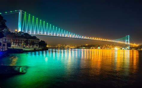 2K, lights, Istanbul, Bosphorus Bridge, city, bridge, bosphorus, night HD Wallpaper