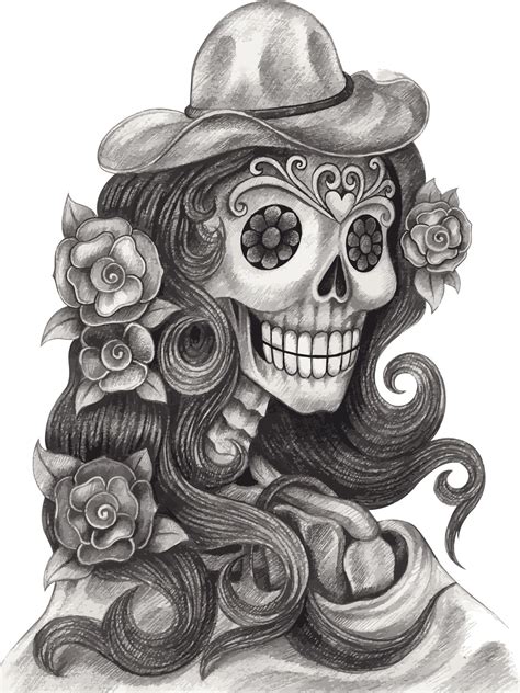 arte fantasía moda modelo cráneo día de los muertos. dibujo a mano y hacer vector gráfico ...