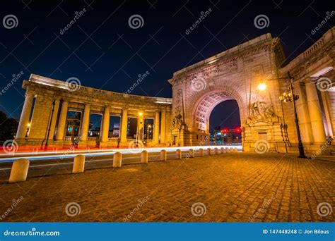 The Manhattan Bridge Arch and Colonnade at Night, in Manhattan, New York City Stock Photo ...