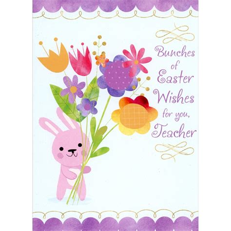 Pink Rabbit Holding Large Yellow, Red and Purple Flowers Juvenile Teacher Easter Card from Child ...