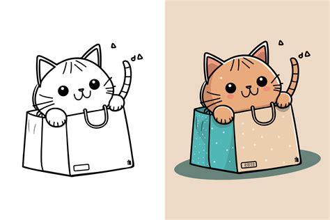 The character of a Little cat in a paper shopping bag, Cute cat, Cat cartoon, Cat drawing, Cat ...