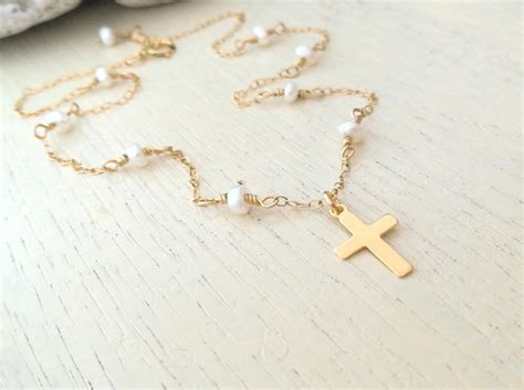 Baby Pearl Necklace Gold Fill With Cross Baby Infant Flower - Etsy