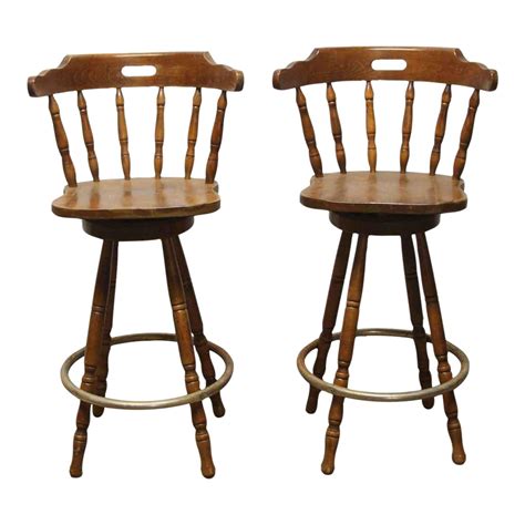 Traditional Wood Captain Swivel Bar Stools- A Pair | Chairish