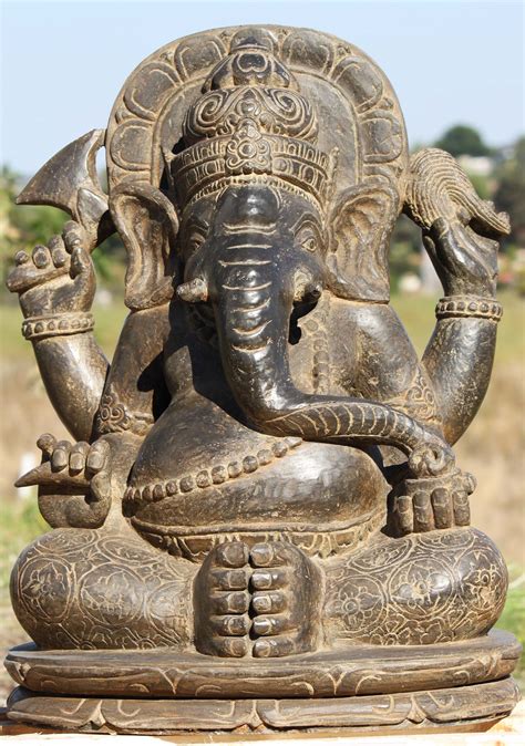 SOLD Stone Seated Ganesha Statue 26" (#102ls388): Lotus Sculpture