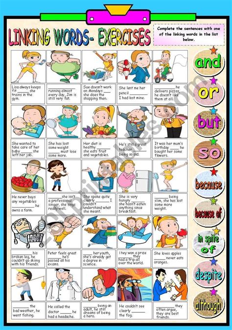 LINKING WORDS EXERCISES (B&W VERSION + KEY INCLUDED) | Linking words, Words, Esl worksheets