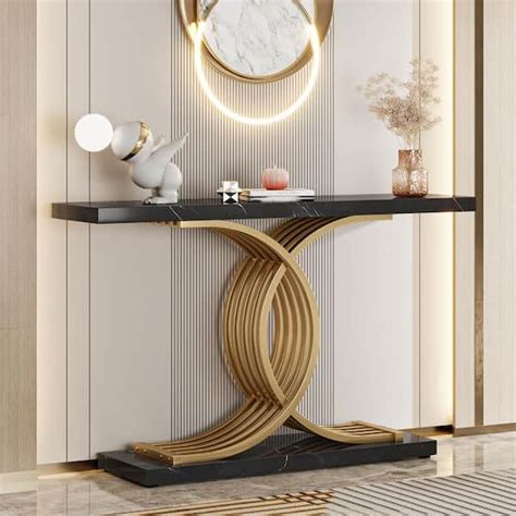 Tribesigns Catalin 40 in. Black Rectangle Wood Console Table, Modern Sofa Table with Geometric ...