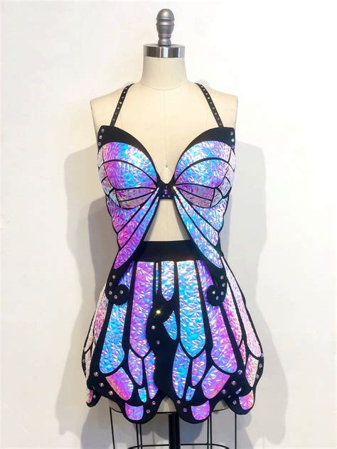 Holographic Butterfly Outfit Full Coverage black Opal Rave Outfit Skirt Bra Butterfly EDC ...