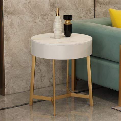 White Round Side Table with Drawer Stone Top Accent Table Metal in Gold Finish