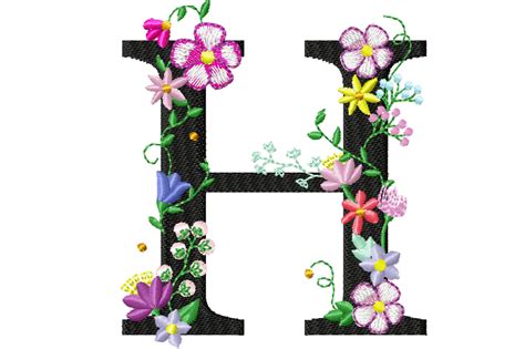 Floral letter H garden flag monogram lace swirl flowers block font and mini Font machine ...