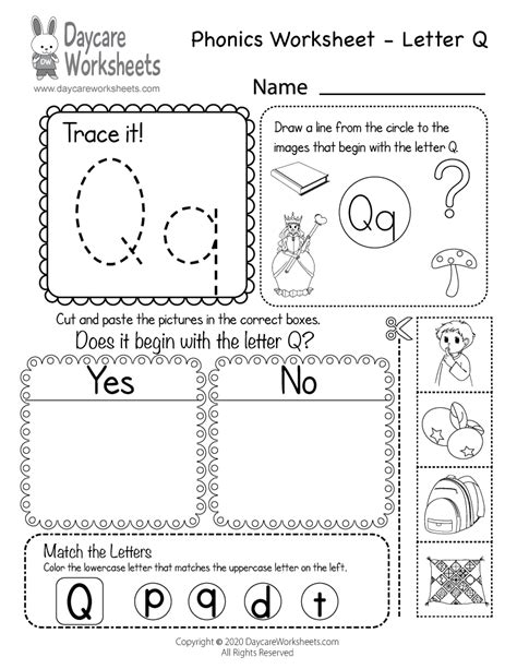 Free Printable Letter Q Beginning Sounds Phonics Worksheet for Preschool