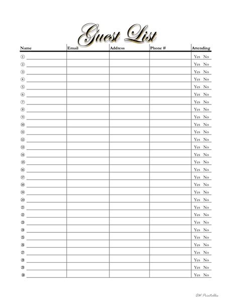 Event Guest List - Printable #Event #Guest #list #Printable | Wedding guest list template, Guest ...