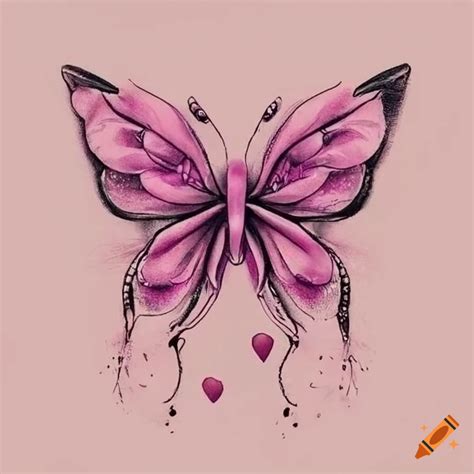 Sketch butterfly tattoo with heart and pink colors