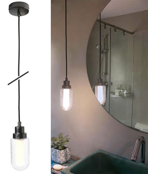 Long Drop Pendant Light for Bathrooms in Gunmetal with Crackle Glass - LED IP44