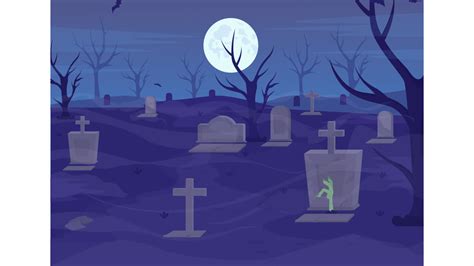 Animated cemetery illustration. Haunted graveyard. Nighttime horror. Looped flat color 2D ...