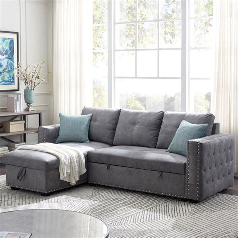 91" Reversible Sleeper Sectional Sofa 3-seat Pull-Out Sofa-Bed Sleeper Sofa Bed Light Gray ...