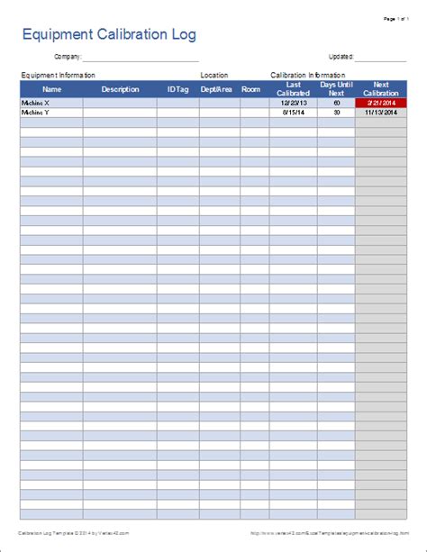 Equipment Calibration Log for Excel