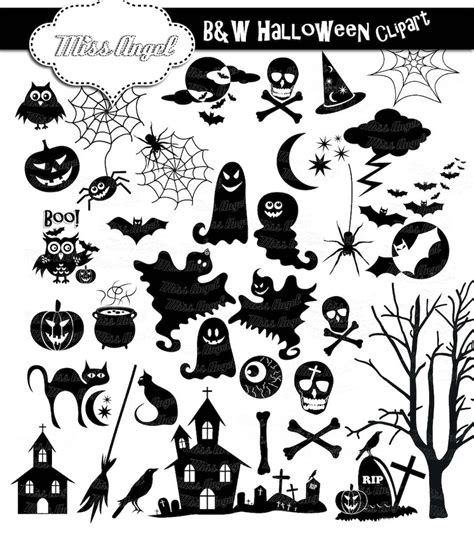 Halloween Silhouettes Clip Art. 34 Black Halloween Clipart. 6 Black White Halloween. Ghosts ...