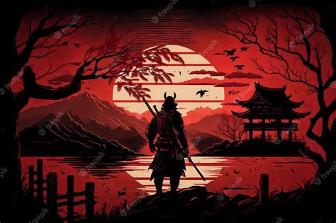 Premium Photo | Illustration of Japanese samurai watch sunset with mountain and a lake ...