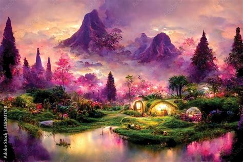 Fantasy landscape, beautiful scenery with mountains, digital illustration Stock Illustration ...