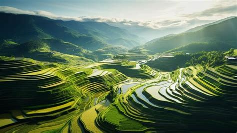 Premium AI Image | Aerial view of terraced rice paddies