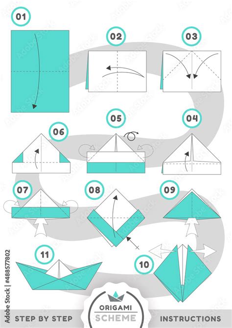 Boat ship origami scheme tutorial moving model Stock Vector | Adobe Stock