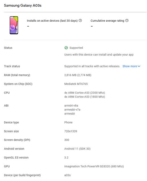 Samsung Galaxy A03s appears on Google Play Console with key specifications