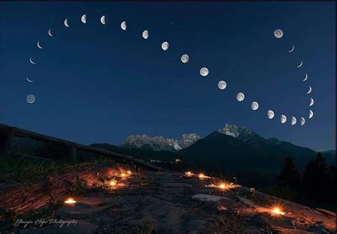 A composite photo of the position and phases of the moon over 28 days, each photo taken at the ...