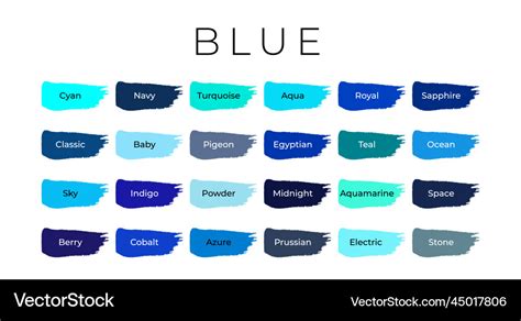 Blue paint color swatches with shade names Vector Image