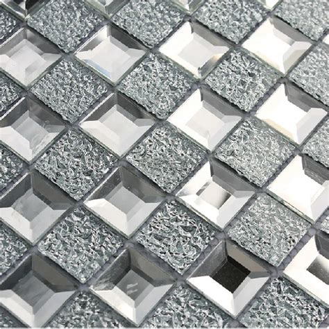 Mirrored glass mosaic tile 1x1 chips silver diamond shape kitchen backsplash tiles mesh mounted ...