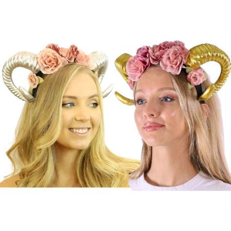 Costume Ram Horns Headband w Floral Trim - Cappel's