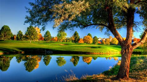 nature, Landscape, Trees, Grass, Fall, Colorful, Water, River, HDR, House, Reflection Wallpapers ...