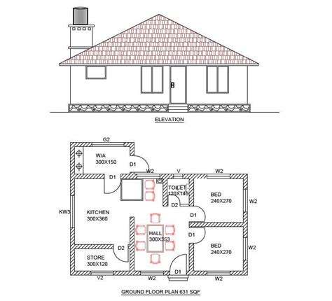 House Plan And Front Elevation Drawing PDF File (630 SQF) - Cadbull