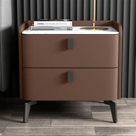 Brown Modern Nightstand with 2 Drawers Bedroom Nightstand Faux Marble Top | Homary