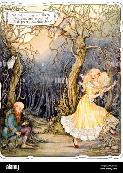 FAIRY TALES - THE RED SHOES. The Old Soldier admires the red shoes. Illustration by Doren Baxter ...