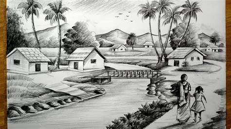 How to draw easy pencil sketch scenery landscape pahar and river side scenery drawing pencil ...