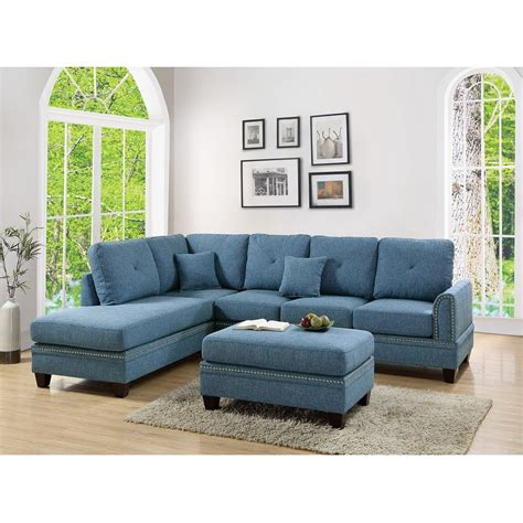 2-pcs Sectional Sofa Blue Modern Sectional Reversible Chaise Sofa Pillows Cotton Blended Fabric ...