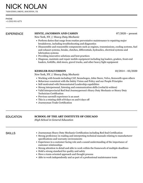 Heavy Duty Mechanic Resume Samples | Velvet Jobs