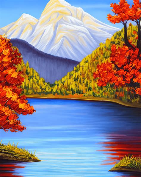 Fall Lake and Mountain Scene Painting · Creative Fabrica