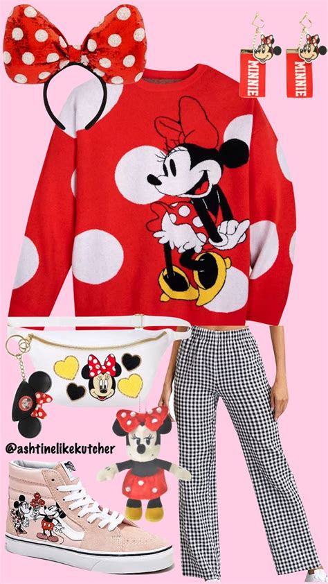 a woman wearing mickey mouse sweater, pants and sneakers with minnie mouse head on top