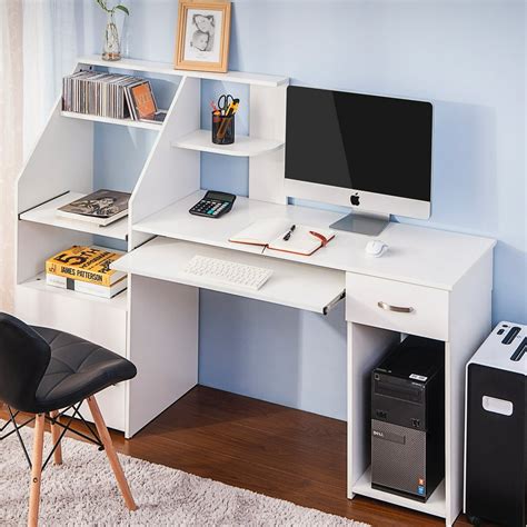 Home Office Desks With Bookshelves, Vintage Rustic White Computer Writing Desk With Storage ...