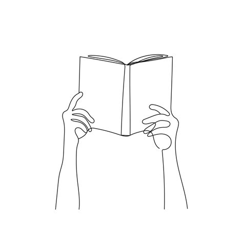 Hands holding open book in one line drawing style. Reading, education concept. Hand drawn vector ...