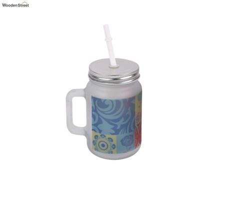 Buy Flower Print Frosted Glass Jar With Handle and Straw (Blue) Online in India at Best Price ...