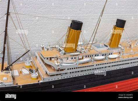 Close up view of part of wooden Titanic ship model. Beautiful wooden Titanic hobby model ...