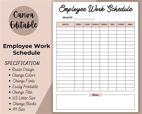 Employee Work Schedule Printable Employee Time Sheet - Etsy