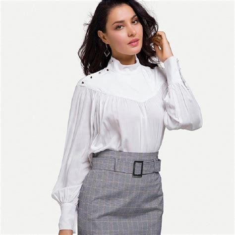 Elegant Women White Blouse 100% Cotton Stand Collar Lantern Sleeves Loose Shirts Ladies Office ...