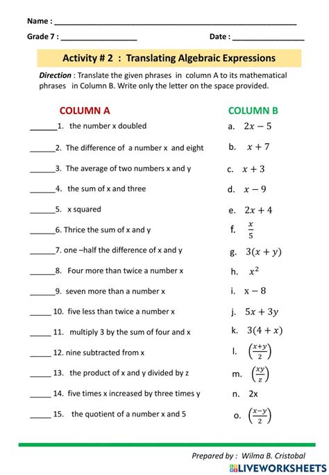 Writing Algebraic Expressions Worksheet - E-streetlight.com | Algebraic expressions, Translating ...