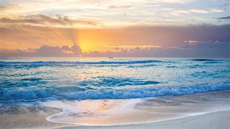 Beautiful Ocean Waves Beach Sand During Sunset Under White Yellow Clouds Sky HD Ocean Wallpapers ...