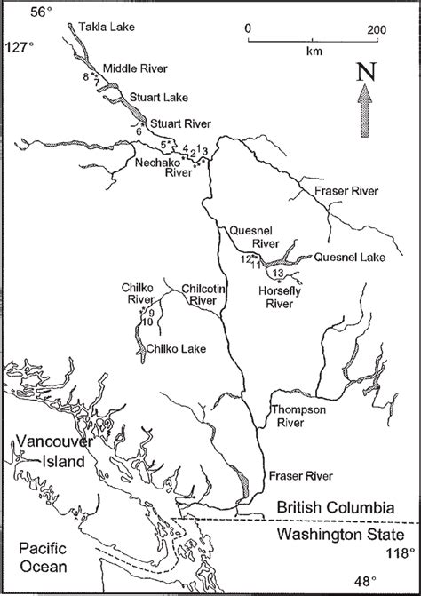 Map of the Fraser River watershed, British Columbia, Canada. Asterisks... | Download Scientific ...